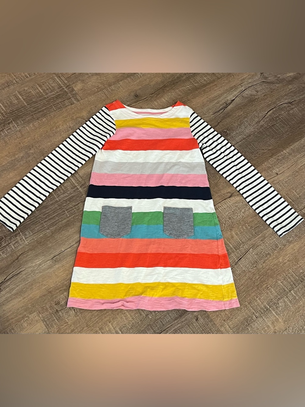 Mini Boden Girls' 9-10 Multicolor Striped Knit Dress with Black & White Sleeves